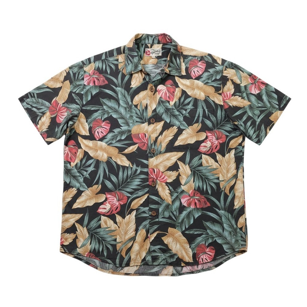 Hilo Hattie Shirt Mens L Black Leaf Print Floral Tropical Aloha Button Up